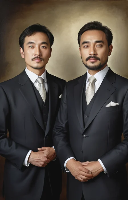 masterpiece,best quality,<lora:tbh69-sdxl:0.6>,illustration ,A style of two person group photo portrait of noble man