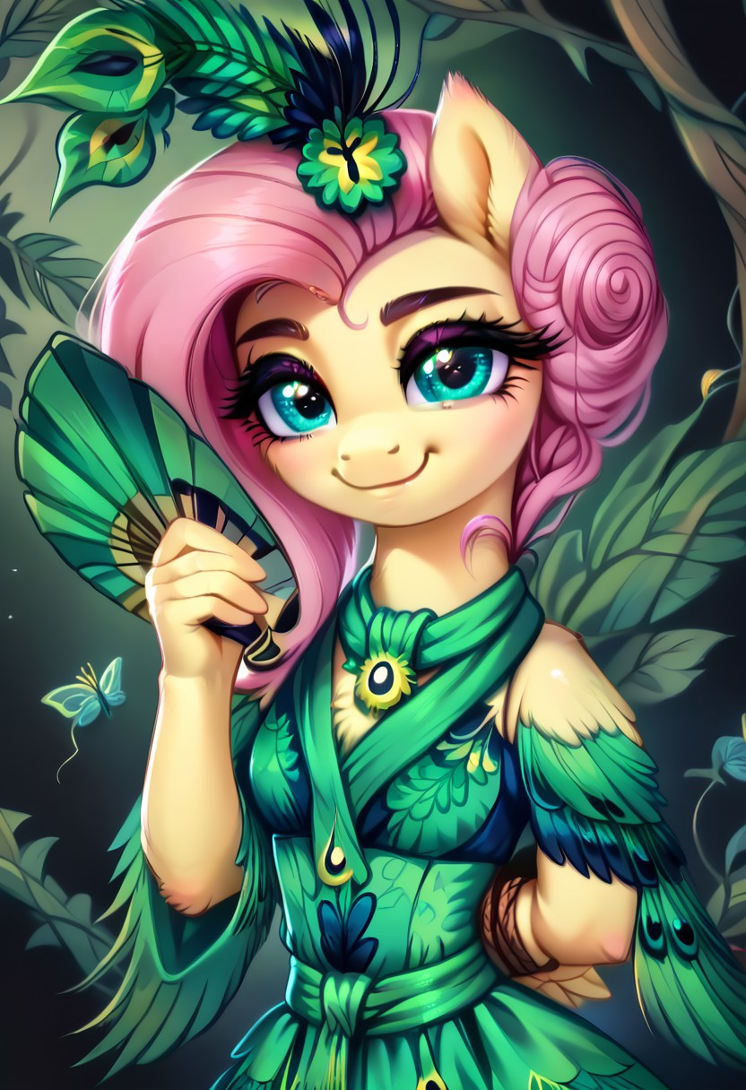 masterpiece, score_9, score_8_up, score_7_up, score_6_up, (best quality:1.1), ultra-detailed, high resolution, (solo), (1WOMAN), (ANTHROPOMORPHIC), (FLUTTERSHY) ((light pink hair:1.4)), (highly detailed tied up hair:1.4), (green feather hair accessory:1.4), (highly detailed pony face:1.5), (beautiful detailed turquoise eyes:1.5), (soft smile:1.5), (wide cute innocent eyes:1.5), (long lashes eyelashes:1.5), (detailed pony nuzzle:1.5), (detailed pony ears:1.5), (light yellow shiny skin:1.5),(green peacock feather dress:1.5), (thin waist:1.5), (fair even breast:1.5), (five fingers:1.5), (holding a peacock hand fan:1.5), (green floral background:1.5), (green butterflies background:1.5), (green vine leafs framing the image:1.5), (green feathers all around:1.4), (dynamic pose:1.5), (green lighting:1.5), high quality, sharp, the quality of ai art is frightening, highly detailed, Highly Visible, sharp focus, high detail, detailed background