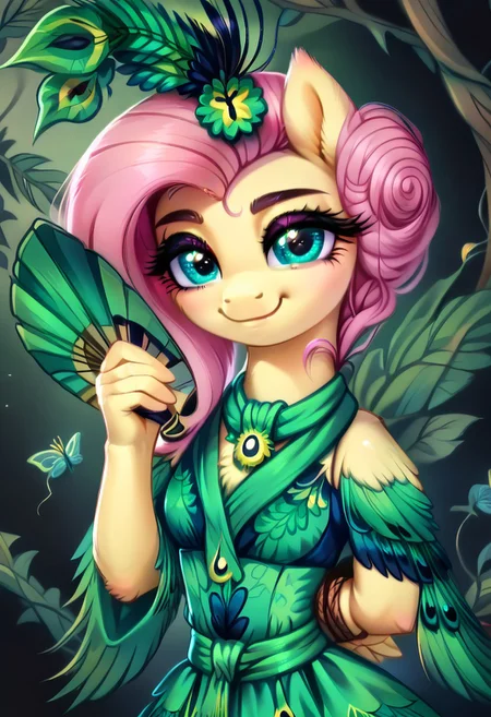 masterpiece, score_9, score_8_up, score_7_up, score_6_up, (best quality:1.1), ultra-detailed, high resolution, (solo), (1WOMAN), (ANTHROPOMORPHIC), (FLUTTERSHY) ((light pink hair:1.4)), (highly detailed tied up hair:1.4), (green feather hair accessory:1.4), (highly detailed pony face:1.5), (beautiful detailed turquoise eyes:1.5), (soft smile:1.5), (wide cute innocent eyes:1.5), (long lashes eyelashes:1.5), (detailed pony nuzzle:1.5), (detailed pony ears:1.5), (light yellow shiny skin:1.5),(green peacock feather dress:1.5), (thin waist:1.5), (fair even breast:1.5), (five fingers:1.5), (holding a peacock hand fan:1.5), (green floral background:1.5), (green butterflies background:1.5), (green vine leafs framing the image:1.5), (green feathers all around:1.4), (dynamic pose:1.5), (green lighting:1.5), high quality, sharp, the quality of ai art is frightening, highly detailed, Highly Visible, sharp focus, high detail, detailed background