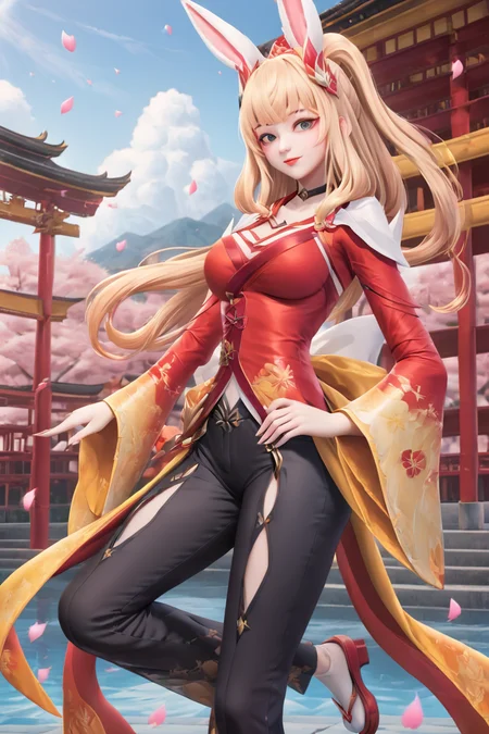 masterpiece, best quality, perfect features, 1girl, solo,looking at viewer
, east asian architecture, sky, blue sky,petals, depth of field,
, clothing cutout, breasts, wide sleeves, long sleeves, choker, black pants, pants, hair ornament, <lora:Gongsunli_pony:0.8>