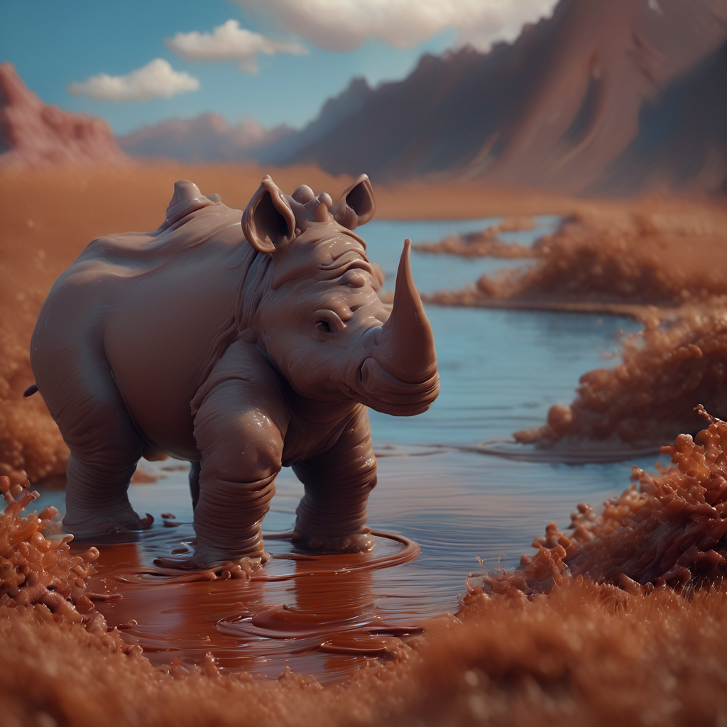 <lora:Chocoslime_DX_V9_-_CyberRealistic_Pony_v7:1>, score_9, score_8, score_7, chocoslime, chocoslimelake, chsllake, lake, chocolate lake, mountain lake, (a rhino:1.5), grass, blue sky, white clouds, brown water, 4K, UHD image, oustanding art, high quality, rich details, background blurred