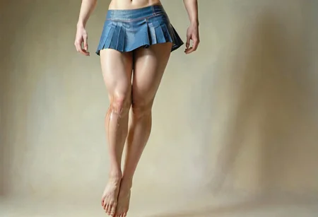 Thighs, Leg exhibitions, abdomen,Skirt, whole body, realistic, blue eyes, floating, SlightMuscle, leg details, Body details