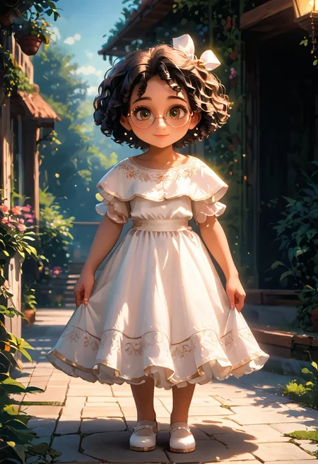 (masterpiece:1.5), 8k, best quality, ultra-detailed, (high res), cinematic lighting, beautiful lighting, high quality, studio quality, detailed, insanely detailed, extreme detail, refined detail, perfect detail, max detail, smooth lighting, detailed background, hyper detailed body, beautiful lighting, vibrant lighting, global illumination, absurdres, high-res, dynamic lighting, score_9, score_8_up, score_7_up, ponypositive, 1girl, solo, solo focus, (narrow waist, skinny, small body, slim), looking at viewer, (outdoors, floral garden), bright lighting, daylight, sunshine, cute, kawaii, gleaming eyes, big eyes, (closed mouth), happy, (standing), legs spread, alone, Expressiveh, ((¾ view)), (hands on the side of thighs), (rating_safe, sfw), YMirabel, (brown skin, chibi, short stature, hair bow, brown curly hair, brown sunshine eyes, glasses, white dress, white footwear, mary janes),  Expressiveh, adorable