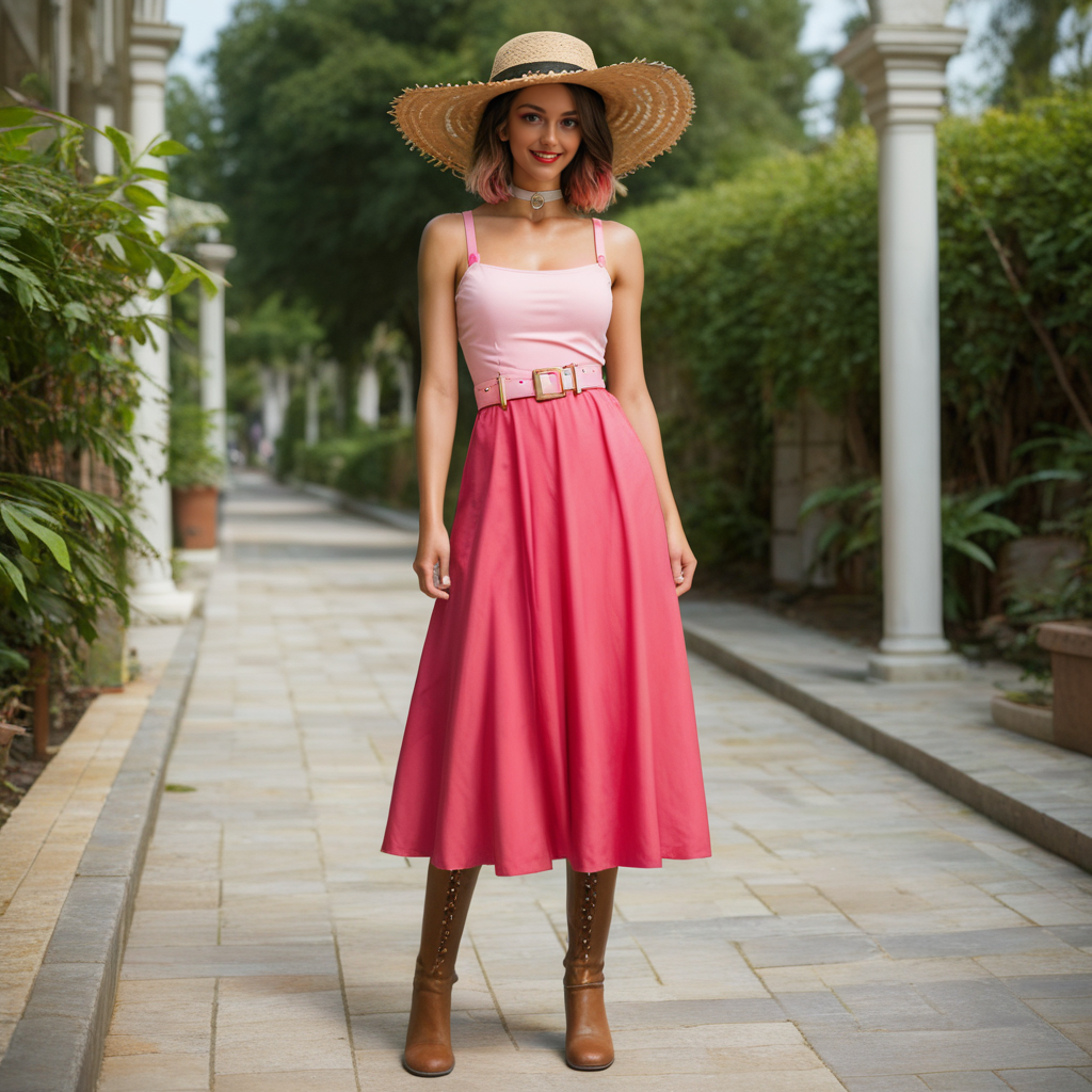 score_9, score_8_up, score_7_up, 1 woman, cinematic, ultra detailed textures, red lips, black eye shadow, detailed face, full body shot, a pastel pink dress, a white straw hat, white  tigh-highs
leather boots, silver jewelry, choker, pink leather belt,  on the streets of Palermo, a candid photo, dark brown hair, layered bob hair style, colored hair streaks, 8k, ultra detailed textures (naughty, teasing expression), summer tan, seductive smile, pale skin, deep black eyes, sensual image, , Bianca Lars <lora:Ai-model:0.6> bl4kz