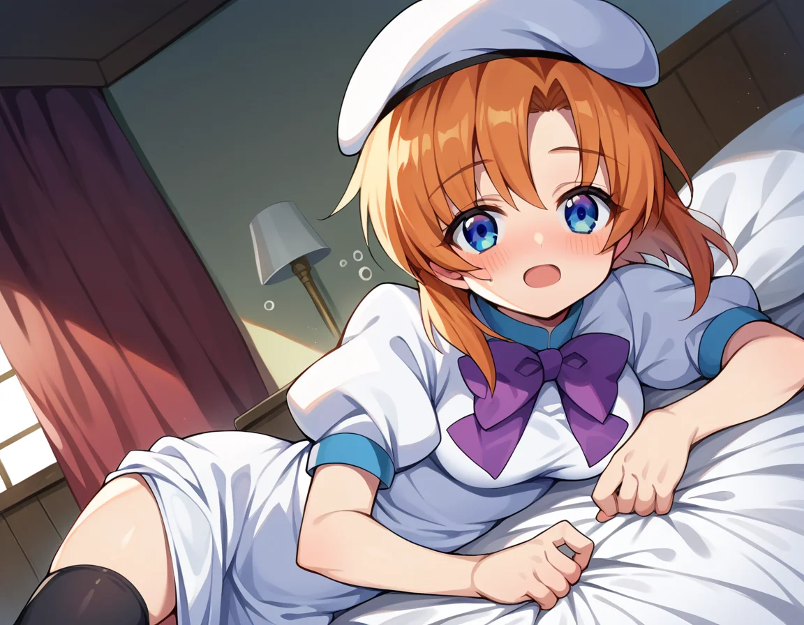score_9, score_8_up, score_7_up, source_anime,
renaryuuguu, <lora:rena-ryuuguu-ponyxl-lora-nochekaiser:1>,
rena ryuuguu, orange hair, short hair, blue eyes,
beret, black thighhighs, bow, bowtie, dress, hat, puffy short sleeves, puffy sleeves, purple bow, purple bowtie, short sleeves, thighhighs, white dress, zettai ryouiki,
indoors, bed, bed room, on side, blush, drunk,
looking at viewer, dutch angle, cowboy shot,