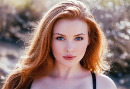 (Lana Lea) ((analog photo)) ginger ((slavic cleavage)) woman outdoors, blue eyes, glossy lipstick, (((soft focus, depth of field, film grain, masterpiece, looking at viewer))) <lora:EuroBabe-v4-XL:0.66>