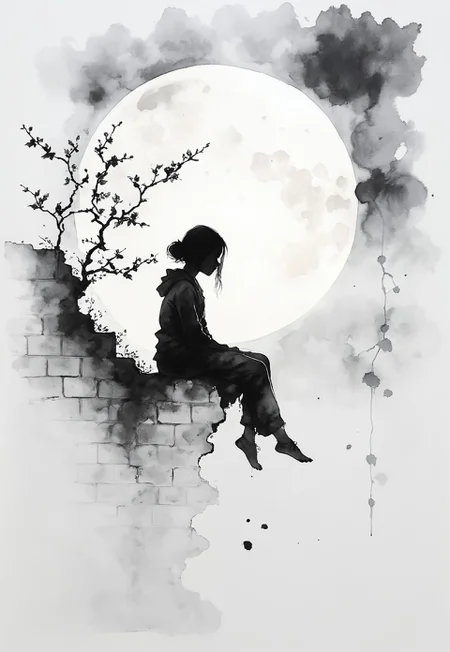 ArsMJStyle, Zen Ink Wash Sumi-e, flowering honeysuckle vine growing up a crumbling brick wall, silhouette of a  young girl sitting on top of the wall, backlit by an enormous moon, monochrome, greyscale, minimalistic, white background, no humans, nature, traditional media, ink, solo, botanical.