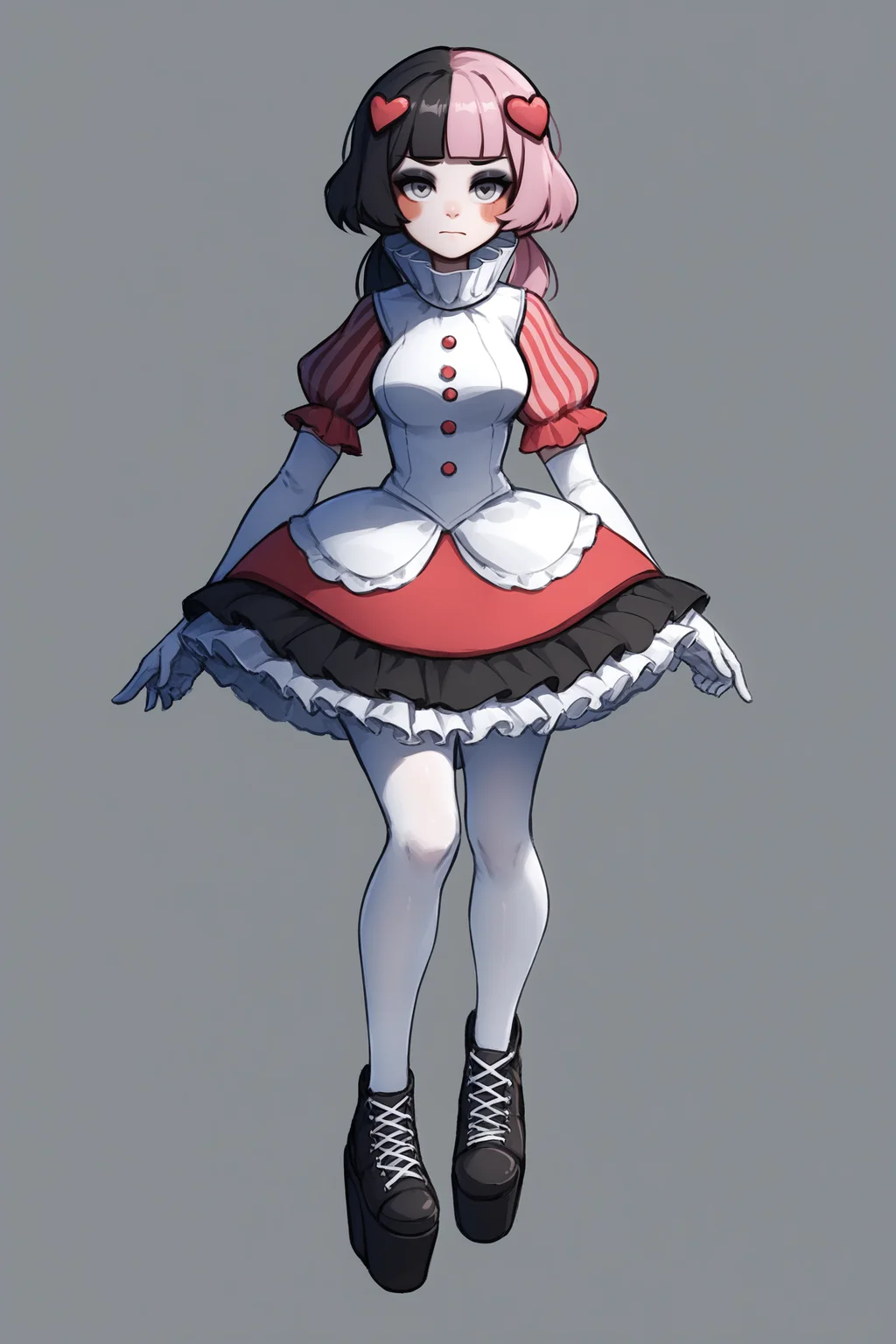 score_9, score_8_up, score_7_up,
<lora:Muff_PDXL:1>, Валентинка_Маф, 1girl, white gloves, grey eyes, blush stickers, heart-shaped pupils, split-color hair, pink hair, black hair, eyeshadow, heart hair ornament, neck ruff, bob cut with blunt bangs, ruffled collar, striped sleeves, solo, dress, low twintails, puffy short sleeves, elbow gloves, short sleeves, white pantyhose, cross-laced footwear, platform footwear, white vest, black frilled skirt,
facing viewer, full body, medium breasts, medium hips, looking at viewer,
adult girl, 21 y.o., <lora:MJ52:0.5>, <lora:noodychaan-050814:0.2> art by noodychaan, <lora:Sinozick_Style_XL_Pony:0.1> sinozick style, dark theme,