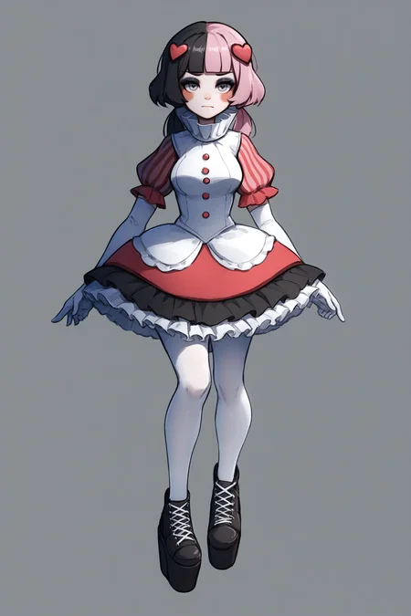 score_9, score_8_up, score_7_up,
<lora:Muff_PDXL:1>, Валентинка_Маф, 1girl, white gloves, grey eyes, blush stickers, heart-shaped pupils, split-color hair, pink hair, black hair, eyeshadow, heart hair ornament, neck ruff, bob cut with blunt bangs, ruffled collar, striped sleeves, solo, dress, low twintails, puffy short sleeves, elbow gloves, short sleeves, white pantyhose, cross-laced footwear, platform footwear, white vest, black frilled skirt,
facing viewer, full body, medium breasts, medium hips, looking at viewer,
adult girl, 21 y.o., <lora:MJ52:0.5>, <lora:noodychaan-050814:0.2> art by noodychaan, <lora:Sinozick_Style_XL_Pony:0.1> sinozick style, dark theme,