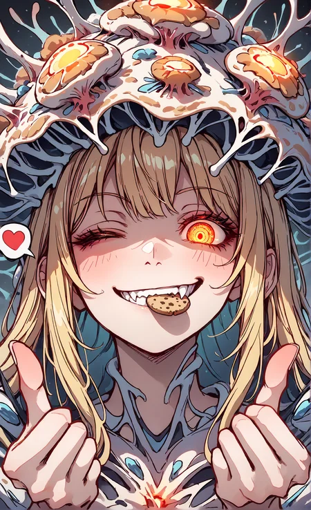 masterpiece, sharp detail, intricate detail, hair shader, 1girl, <lora:MyceliumT-000014:1>, myceliumt, blonde hair, myceliumt dress, full body, glowing eyes, detailed eyes, gradient eyes, eyelashes, detailed face, detailed eyes, looking at viewer, smile, cookie in mouth, close-up face, smirk, spoken heart, wink, finger heart,