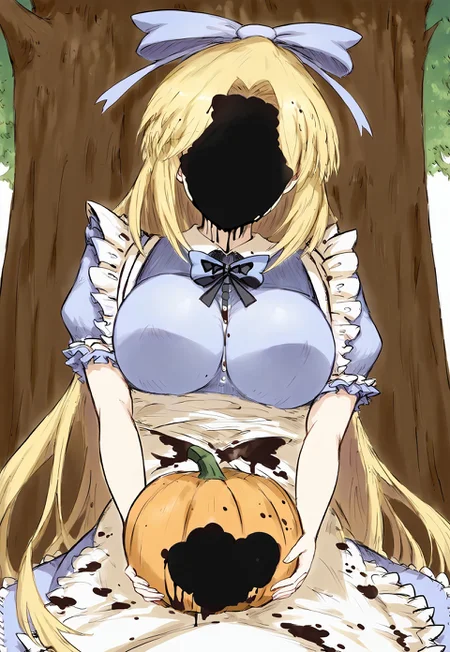 safe_pos, score_9, score_8_up, score_7_up, best_quality,
Expressiveh,
1girl, solo,mature woman, big sister, AliceMotherBS2, 1girl, blonde hair, long hair, breasts, large breasts, very long hair, medium breasts, ribbon, blue bow, apron, dress, white apron, puffy short sleeves, frills, puffy sleeves, maid apron, blue dress, bow, hair bow,covered face,black liquid,
tree, under a tree, below view, upper body, pumpkin, holding pumpkin, lowangleview-3000,