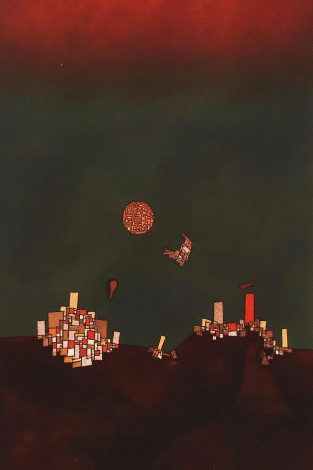 paulklee1 painting. 
A cityscape under a gradient sky transitioning from deep red at the top to darker green at the bottom. The cityscape is composed of geometric shapes, primarily rectangular and triangular, in various colors arranged in a fragmented manner. <lora:paulklee1_cap_d8a4e12:1.0><lora:839847032148556231:0>