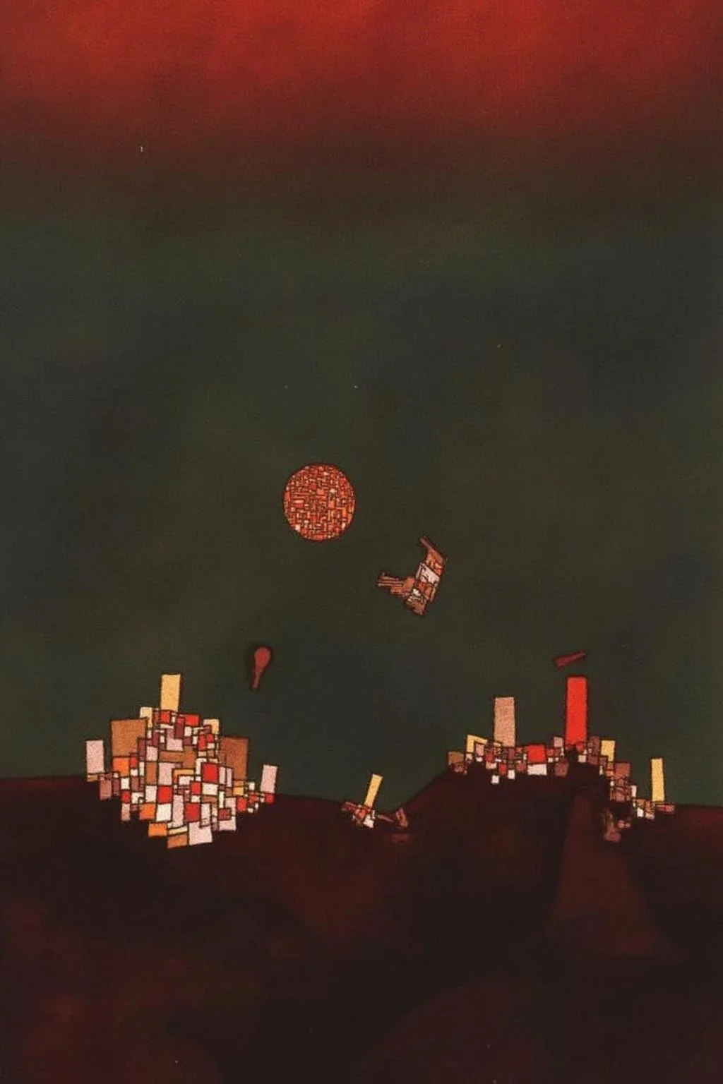paulklee1 painting.
A cityscape under a gradient sky transitioning from deep red at the top to darker green at the bottom. The cityscape is composed of geometric shapes, primarily rectangular and triangular, in various colors arranged in a fragmented manner. <lora:paulklee1_cap_d8a4e12:1.0><lora:839847032148556231:0>