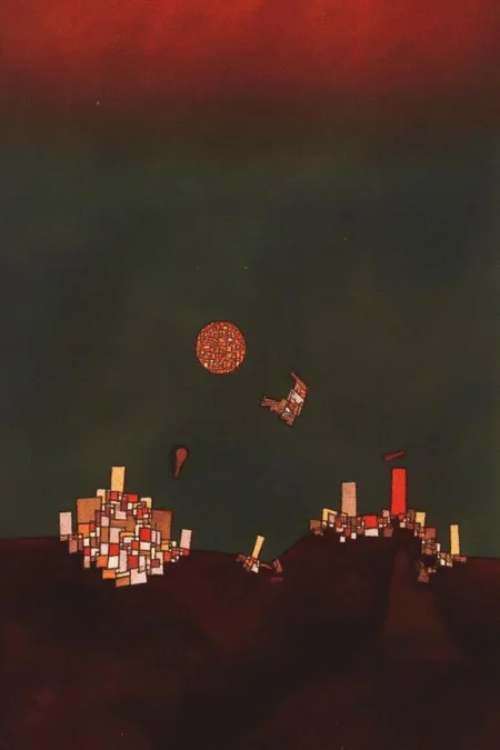 paulklee1 painting.
A cityscape under a gradient sky transitioning from deep red at the top to darker green at the bottom. The cityscape is composed of geometric shapes, primarily rectangular and triangular, in various colors arranged in a fragmented manner. <lora:paulklee1_cap_d8a4e12:1.0><lora:839847032148556231:0>