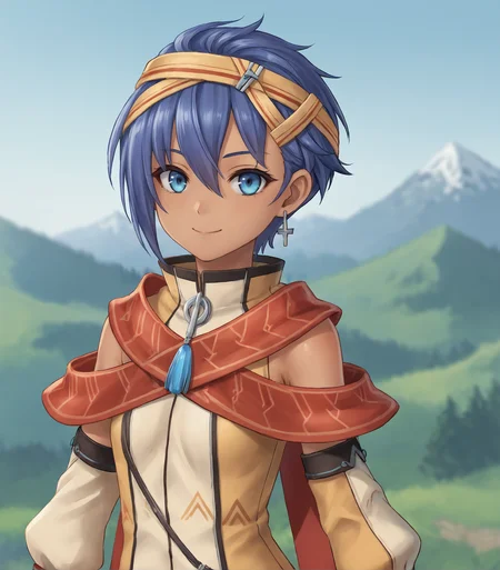 score_9, score_8_up, score_7_up, score_6_up, score_5_up, score_4_up, BREAK source_anime,
1girl, solo,
<lora:FeriAlFayed:0.9>, Feri Al-Fayed, blue eyes, blue hair, short hair, dark-skinned female, small breasts, headband, single earring, pendant, yellow dress, red shawl, detached sleeves, bracelet, asymmetrical legwear, sandals,,
outdoors, distant mountains, looking at viewer, upper body, portrait, smile,
<lora:Racoonkun_Artist_Style:0.6>, racoonsan,,