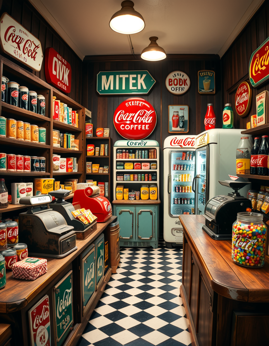 A vintage 1950s grocery store filled with nostalgic details. Wooden shelves neatly stocked with classic canned goods, glass soda bottles, and colorful retro packaging. An old-fashioned cash register sits on the wooden counter, next to a small scale for weighing produce. The checkered black-and-white tile floor adds to the mid-century charm, while hand-painted signs on the walls advertise milk, bread, and coffee in bold, retro fonts. A display of penny candy in glass jars sits near the entrance, and a vintage Coca-Cola refrigerator hums in the background. Soft, warm lighting casts a nostalgic glow over the scene, enhancing the rich textures of wood, glass, and metal, capturing the essence of a bygone era.
<lora:SDXLFaeTastic2400:0.4> <lora:extremely_detailed:0.4> extremely detailed
 <lora:1950s_grocery_st0r3:1>,1950s grocery st0r3, Masterpiece,best quality,hi res,8k,hi res,8k,award winning,(sharp focus, intricate, highly detailed),
