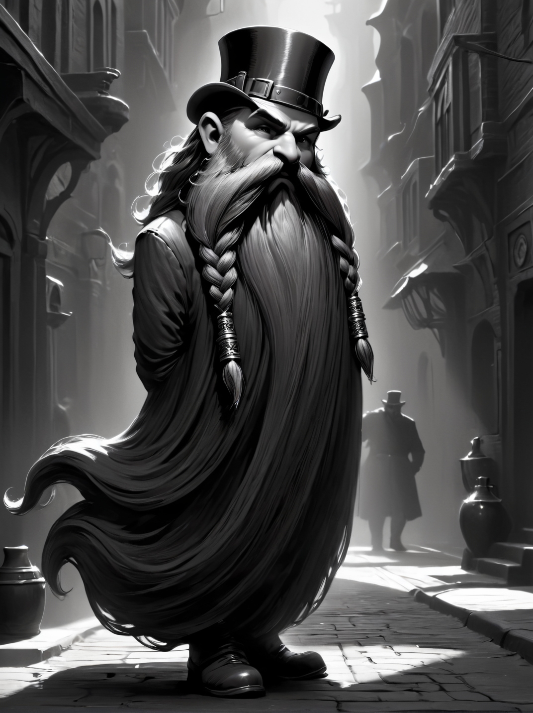 Film noir style,  ultra detailed, masterpiece,  Harry_Dwarf,  dwarf-like, flowing long Black beard, twirly moustache,bald, bangles, <lora:Harry_Dwarf_1.5:1>, back lighting, beautiful lighting, in a steampunk city, Monochrome, high contrast, dramatic shadows, 1940s style, mysterious, cinematic