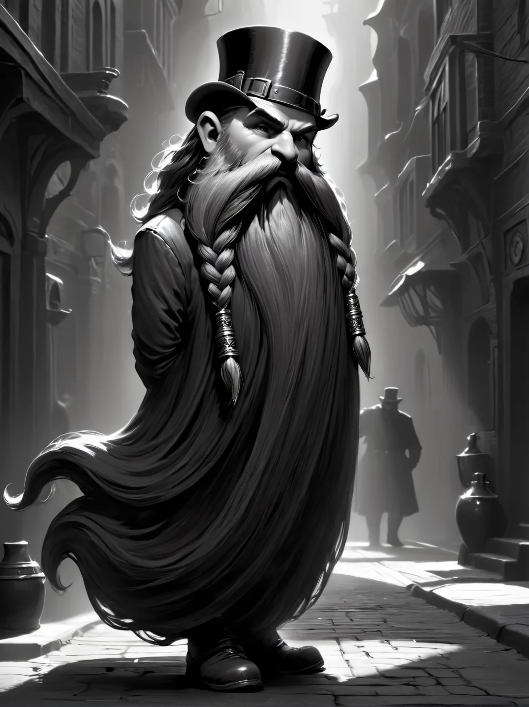 Film noir style, ultra detailed, masterpiece, Harry_Dwarf, dwarf-like, flowing long Black beard, twirly moustache,bald, bangles, <lora:Harry_Dwarf_1.5:1>, back lighting, beautiful lighting, in a steampunk city, Monochrome, high contrast, dramatic shadows, 1940s style, mysterious, cinematic