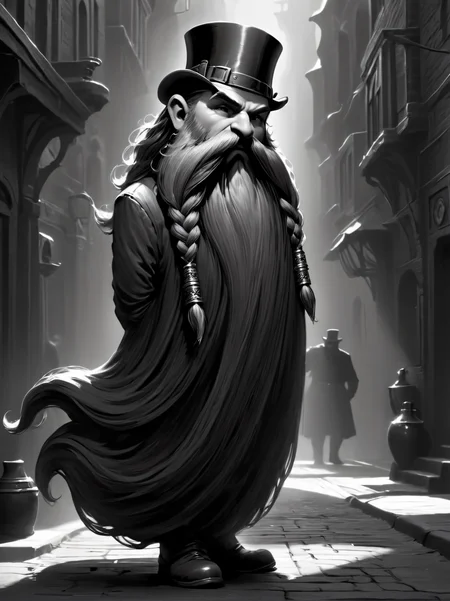 Film noir style, ultra detailed, masterpiece, Harry_Dwarf, dwarf-like, flowing long Black beard, twirly moustache,bald, bangles, <lora:Harry_Dwarf_1.5:1>, back lighting, beautiful lighting, in a steampunk city, Monochrome, high contrast, dramatic shadows, 1940s style, mysterious, cinematic