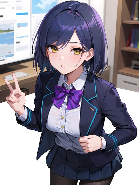 (masterpiece:1.3), (absurdres:1.3), (best quality:1.3), (8K), (large masterpiece digital art), (detailed manga illustration), (handled hair), pureerosface_v1, perfect anatomy, (sharp eyeliner, eyeshadow, detailed eyes:1.1), (intricate details:1.3), (ultra-detailed:1.3), (illustration:1.3), (sharp focus:1.3), (natural lighting:1.05), (vivid colors:1.3), BREAK <lora:shizukaRinNijisanji_v1:0.4>, shizurin, 1girl, shizuka rin, solo, open jacket, open shirt, partially unbuttoned, bottomless, school uniform, yellow eyes, pleated skirt, purple bow, short hair, blazer, blue hair, purple pantyhose, long sleeves, mole under eye, bangs, bowtie, white shirt, black jacket, purple bowtie, collared shirt, black skirt, sweater, blue jacket, miniskirt,
