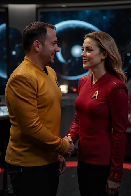 A hyper-realistic portrait, photorealistic photo close-up image of A sharp photograph featuring a man in a yellow Star Trek: Strange New Worlds uniform shaking hands with a woman in a red Star Trek: Strange New Worlds uniform. The man, dressed in the distinctive yellow of the command division, and the woman, wearing the red of the engineering division, are set against a futuristic, starship interior backdrop. The scene is illuminated by the soft, ambient lights of the starship, casting a warm glow on their uniforms. Both individuals exhibit friendly, confident smiles, with their uniforms perfectly detailed and reflecting the sleek, high-tech design of the Star Trek universe. The background features a panoramic view of space through the starshipâs large windows, adding depth and context to the iconic moment of camaraderie and collaboration. (photography, high-resolution, dynamic, energetic,hyper-realistic, dramatic lighting, shallow depth of field.), detailmaximizer, MythP0rt<lora:midjourney_whisper_flux_lora_v01:0.55><lora:aidmaMJ6.1-FLUX-V0.1:0.4><lora:FluxMythP0rtr4itStyle:0.4><lora:detailed_flux_ntc:2.2><lora:aidmaImageUpgrader-FLUX-V0.1:0.65><lora:SNW_FLUX_V2:1.1>
