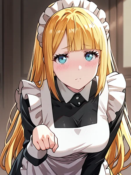 (masterpiece, very aesthetic, absurdres, best quality, high quality, cinematic shadow:1.4), body blush,character focus,perfect hands,medium breasts,sidelocks, cowboy shot, <lora:HandFixer_pdxl_Incrs_v1:1> handfixer,looking at viewer,<lora:StS-Illustrious-Detail-Slider-v1.0:4>, ,, <lora:eyelashext_v10:1>, <lora:tuareninya:1>, tuareninya,long blonde hair,straight hair,bangs,blunt bangs,blue eyes, tuareninyamaid,maid,maid headdress,frilled white maid apron,frills,black long sleeves dress, covered collarbone, paw pose, dynamic pose, dynamic emotion,