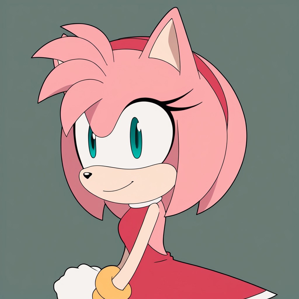 amy rose, Green eyes, pink skin, pink hair,, white gloves, gloves, gold bracelets, red dress, solo, medium boobs