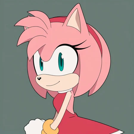 amy rose, Green eyes, pink skin, pink hair,, white gloves, gloves, gold bracelets, red dress, solo, medium boobs