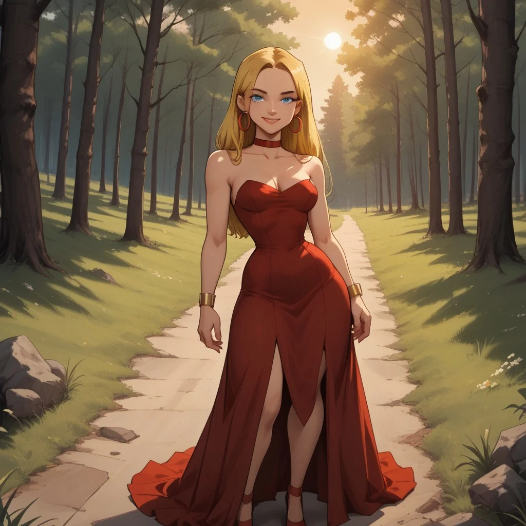 score_9, score_8, BREAK, solo, blonde hair, blue eyes, lips, red dress, red choker, red high heels, red hoop earrings, yellow bracelets, total drama, Blaineley_(Total_Drama), breasts, sexy pose, smile, outdoors, sunlight, shadows, evening lighting, natural lighting, forest, trees, grass, orange sky, sunset