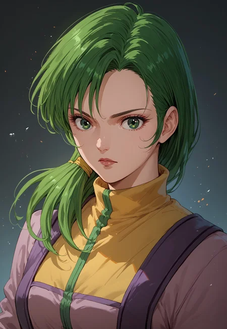 score_9, score_8_up, score_7_up, 1girl, solo, Miriya, green hair, green eyes, yellow collar outfit, upper body, waist up,
