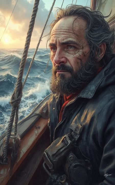 YFG-Th3Dud3 a windswept 57-year-old sailor with a weathered face, guiding a small yacht through choppy seas at twilight