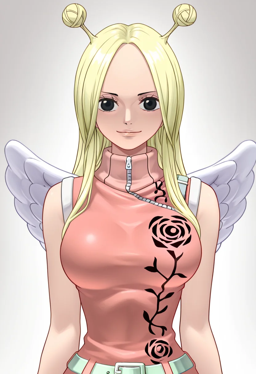 1girl, conis, pink turtleneck dress, green belt, wings, blonde hair, antenna hair, black eyes, looking at viewer, light smile, cute, <lora:Conis_ill_v6:1>, very awa, masterpiece, best quality, newest, highres, absurdres,