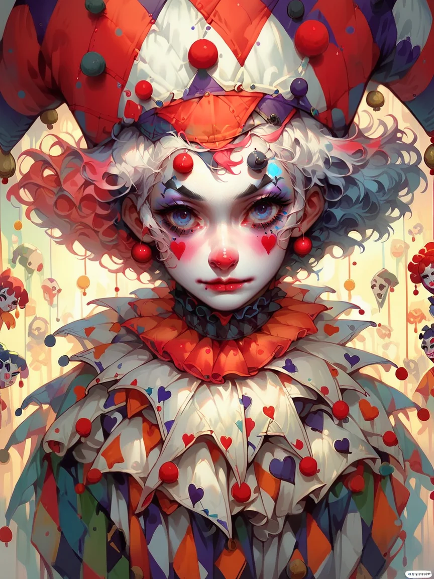 score_9, score_8_up, score_7_up, score_6_up, 1girl, <lora:c1rcus2XLP:0.6> c1rcus, clown, multicolored hair, thighhighs, gloves, makeup, striped, jester cap, <lora:c1rcusstyl3XLP:1> c1rcusstyl3,
