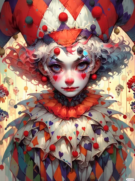 score_9, score_8_up, score_7_up, score_6_up, 1girl, <lora:c1rcus2XLP:0.6> c1rcus, clown, multicolored hair, thighhighs, gloves, makeup, striped, jester cap, <lora:c1rcusstyl3XLP:1> c1rcusstyl3,