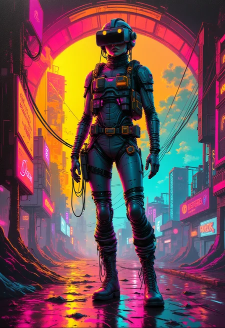 "Retro-futuristic cyberpunk artwork, Frazetta fantasy oil painting, blending virtual reality and technology in a digital world."
<lora:ck-Neon-Retrowave:1>,