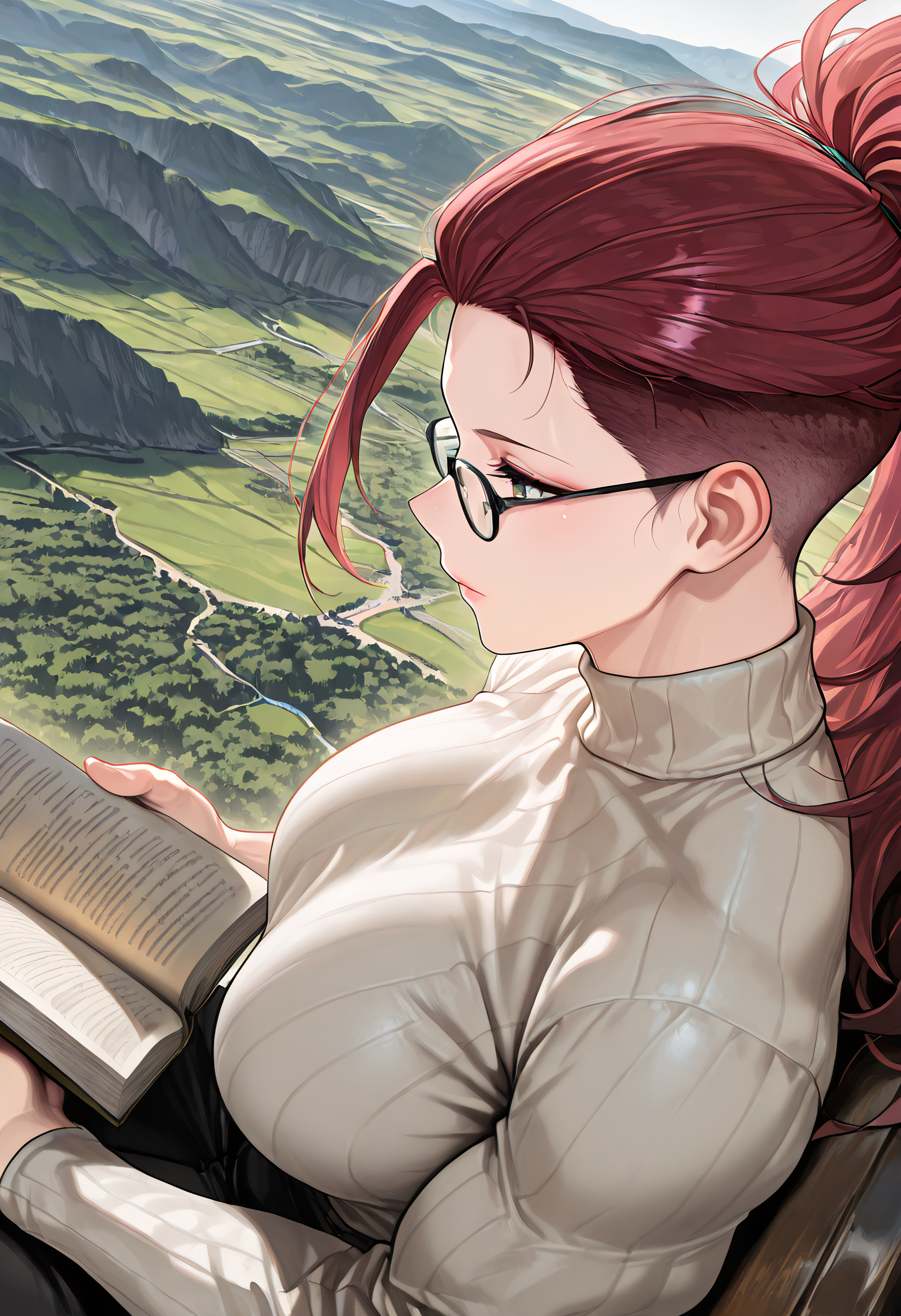Maddyc, white wool turtleneck sweater, glasses, (((reading a brown book))), looking at book, sitting, undercut,

masterpiece, best quality, amazing quality, very aesthetic, absurdres,  newest, 4k, dynamic angle, (scenery, volumetric lighting), (((extreme closeup)))