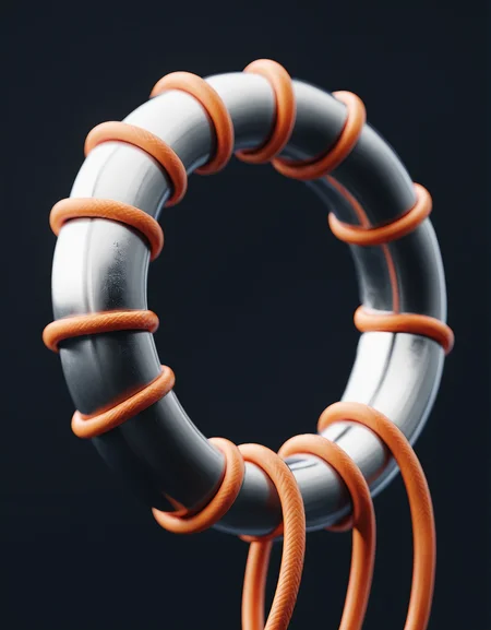 3D render, of a close up of a metal ring with orange cords tied to it, product render, beautiful, clean digital render, circular, product design shot, concept illustration, rendered in cinema 4d, shaped like a torus ring, high contrast, dark background <lora:3d-render-v2:1>