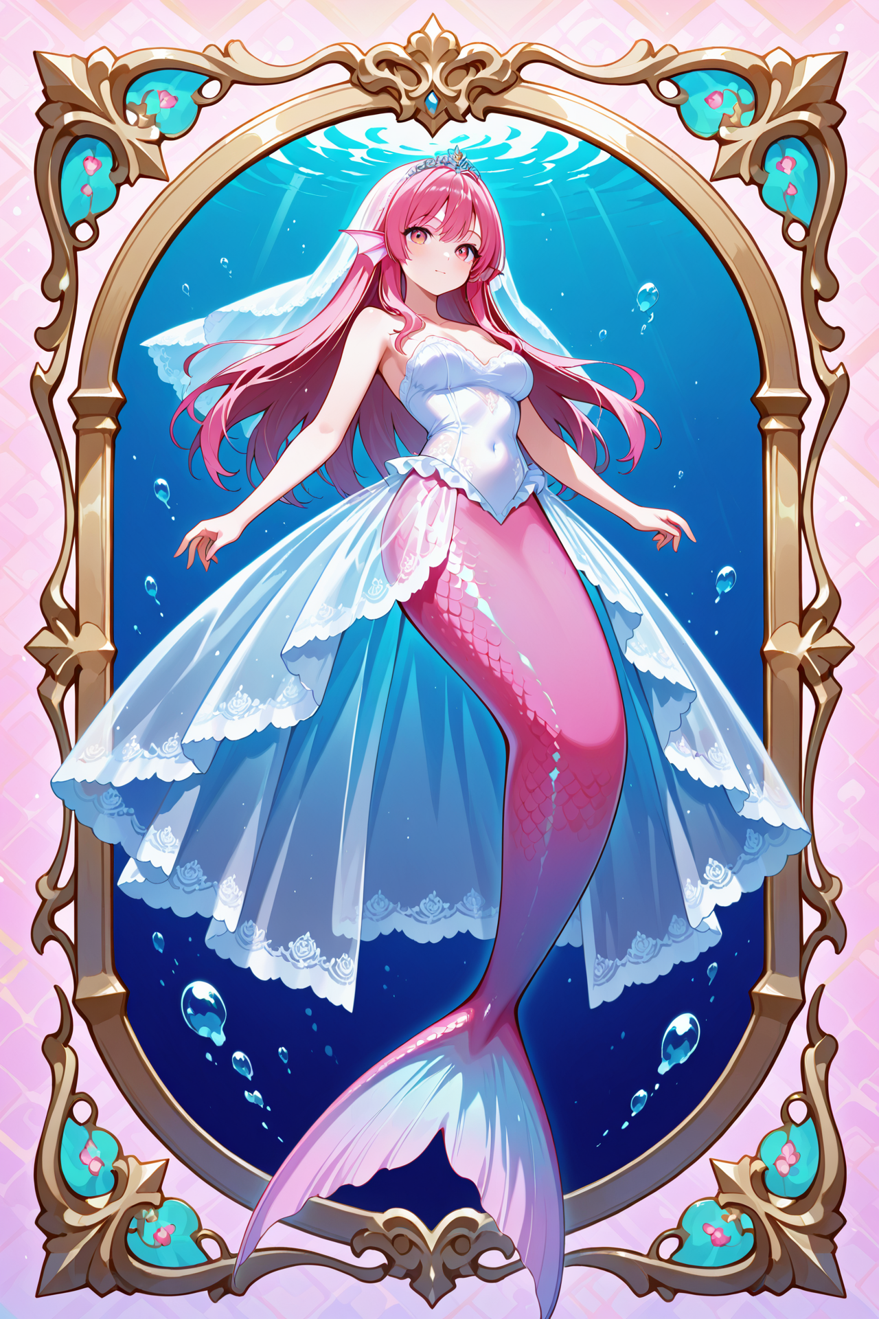 Masterpiece, ((best quality, illustration, high resolution, hyper detail, finely detailed, ultra-detailed),
Wallpaper, grand, anime, colorful, distinct, bishoujo),
detailed cute face, perfect face
BREAK
1girl, solo, full body, underwater, swimming, see-through, transparent wedding dress, transparent layered skirt,
<lora:SDXL_ILv1_LoCon_mermaid_dataset_WCoff_bt04_ep016_03712_1536_dim064_a008_con032_a004_LR00080_snr05_noise05_del:1>, Mermaid, monster girl, scales,