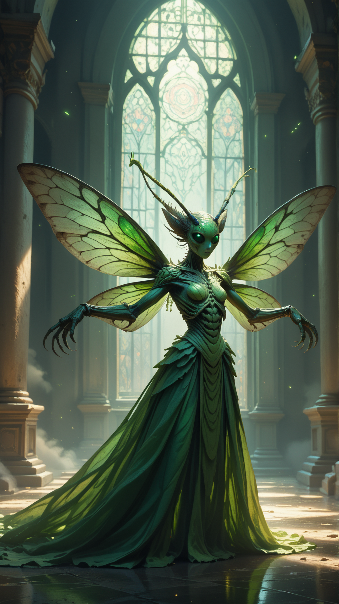 score_9, score_8_up, score_7_up, score_6_up, <lora:InsectHybridPDXL:0.9>insecthybrid cicada, hybrid,  the hybrid is Bo Peep, in location exploring a historic mansion, Standing with arms outstretched, , humanoid