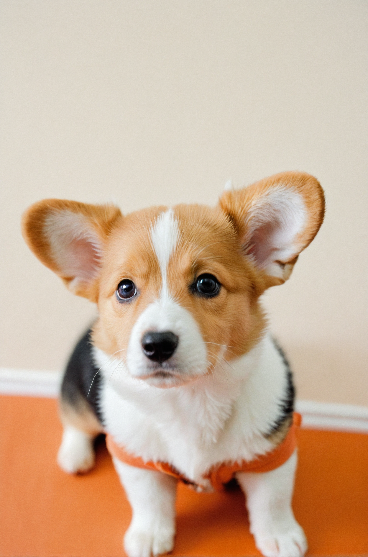 Mamiya photography,film grain,1950s style,foreground blur,close up,Corgi puppy, oversized ears, sitting, orange background, looking upwards, curious expression, tricolor coat, white paws, animal portrait, studio lighting, soft focus, high saturation, central composition, direct gaze, warm tones, pet photography, wholesome.,