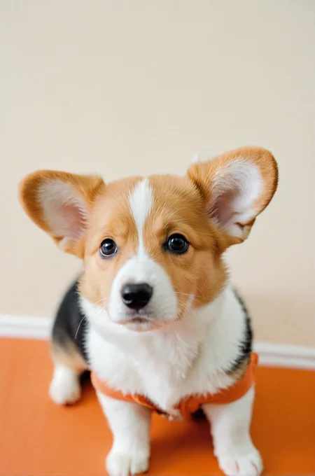 Mamiya photography,film grain,1950s style,foreground blur,close up,Corgi puppy, oversized ears, sitting, orange background, looking upwards, curious expression, tricolor coat, white paws, animal portrait, studio lighting, soft focus, high saturation, central composition, direct gaze, warm tones, pet photography, wholesome.,