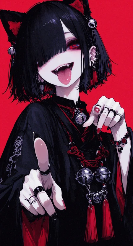 masterpiece, best quality, good quality, very awa, very aesthetic, absurdres, newest, 
1girl, solo, looking at viewer, smile, open mouth, short hair, simple background, black hair, long sleeves, red eyes, animal ears, jewelry, upper body, tongue, cat ears, tongue out, wide sleeves, nail polish, hair over one eye, black shirt, fake animal ears, makeup, bell, fangs, piercing, ring, black nails, ear piercing, pointing, tassel, red background, red nails, jingle bell, chinese zodiac, pointing at viewer, red theme, Cinematic Lighting, <lora:NOOB_vp1_detailer_by_volnovik_v1:0.35> <lora:noobai_ep11_stabilizer_v0.138_fp16:0.4> <lora:ponyv6_noobV1_2_adamW-000017:0.7> <lora:ç»ªå¿_åæ¶æå¾åå½±è´¨æå¢å¼ºV3:0.3> <lora:r17329_illuu:0.3> <lora:748cmXL_NB11_lokr_V6311P:0.8>