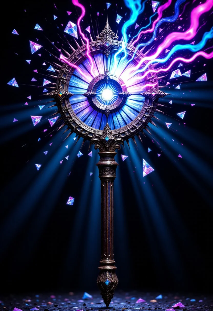 “High‑contrast digital matte painting of a shattered planeswalker’s staff, shards of arcane light exploding outward, fractured gem‑fragments reflecting prismatic colors, painterly brushstrokes around edges, metallic foil highlights on magic glyphs.”
, aidmaHiDreamStyle, aidmaHyperrealism,