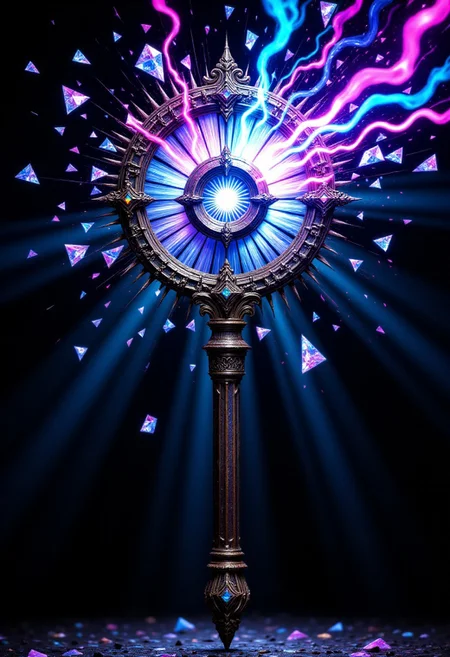 “High‑contrast digital matte painting of a shattered planeswalker’s staff, shards of arcane light exploding outward, fractured gem‑fragments reflecting prismatic colors, painterly brushstrokes around edges, metallic foil highlights on magic glyphs.”
, aidmaHiDreamStyle, aidmaHyperrealism,