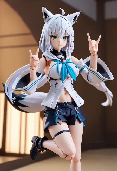 score_9, score_7_up, 1girl, <lora:spfigmaFigurineXLPony2:1> 3d, figma, depth of field, blurry background, <lora:shirakami_fubuki_sdxl_pony-4:1> fubuki_base, white blouse, detached sleeves, black shorts, blue neckerchief, thigh strap, single thighhigh, white hair, single side braid, ahoge, piercing, fox tail, fox shadow puppet, standing on one leg