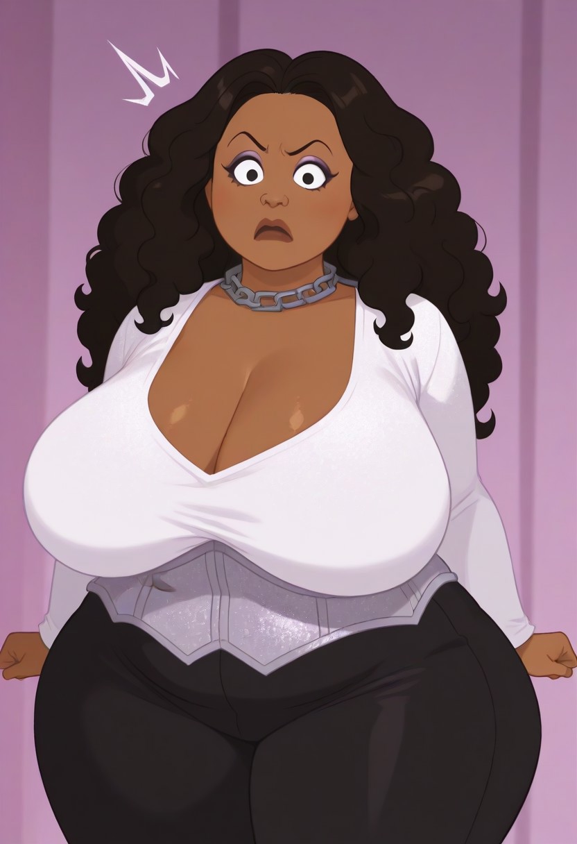 show accurate,,looking at viewer,show accurate,The Proud Family  style, 1girl, standing,long hair,curled hair,
hyper breasts,gigantic breasts,sagging breasts,chubby belly,
huge breasts, dark skin,bbw,huge breasts,huge hips,huge thighs
white shirt with glitter,corset,black pants,shocked,surprised,angry,  eyeshadow
lipstick,chain collar
upper body,portrait,face focus
