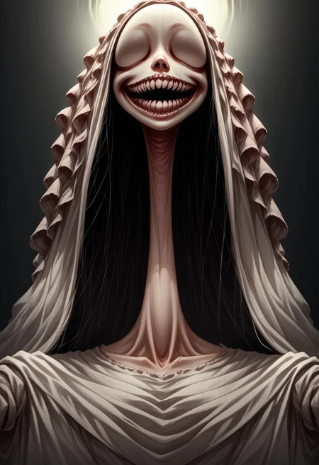 score_9, score_8_up, score_7_up, source_anime, solo, Nightmarish Jessica Rabbit, (looking towards the viewer, face view, close up face, head shot, face portrait:1.4), (long arms, long legs, long neck, horror, no eyes, no face, large mouth, creepy smile, skinny, bones, Victorian gown:1.5), close face view, (indirect lighting, dynamic lighting:1.4), simple background, (detailed image, high resolution, 5k resolution:1.0), VikingAnime, (horror Art Style:1.2)