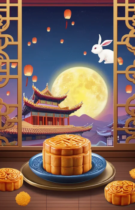 Renaissance style masterpiece,best quality,<lora:zqhb-000009:0.8>,scenery,bunny,east_asian_architecture,full_moon,poster design,night_sky,border,say,put the mooncakes on the plate,window sill, . realistic, perspective, light and shadow, religious or mythological themes, highly detailed