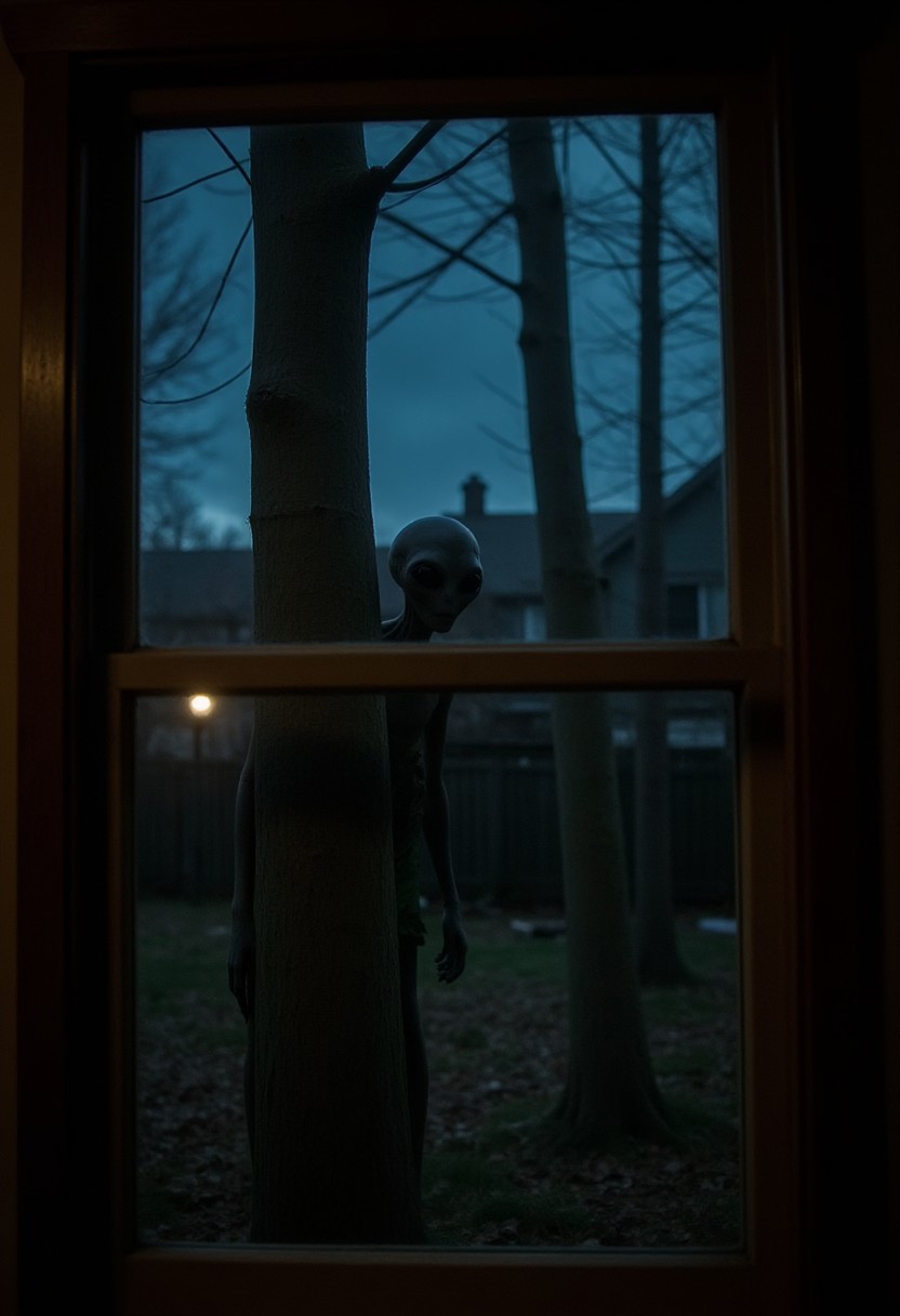 A view outside a kitchen window looking out into a dark nighttime backyard. An alien is peering out from behind a tree at the viewer.