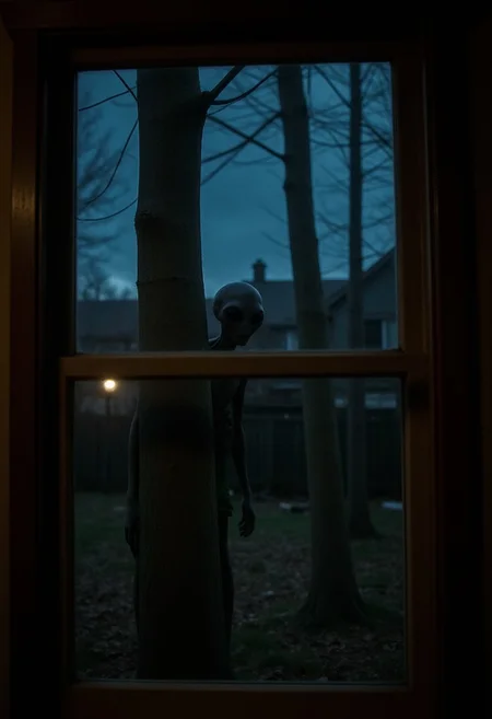 A view outside a kitchen window looking out into a dark nighttime backyard. An alien is peering out from behind a tree at the viewer.
